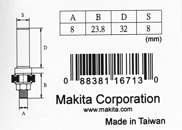 Стержень с гайкой для фрезы 23.8х8, S8 Makita D-12099