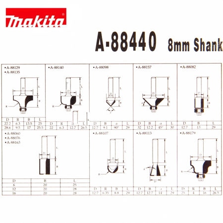 Набор фрез по дереву 8 мм, 12 шт Makita A-88440