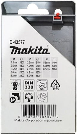 Набор свёрл по металлу HSS-TIN, 1.5-6.5 мм, 13 шт Makita D-43577