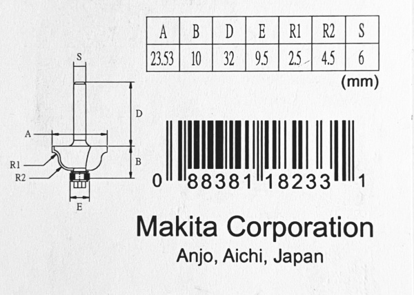 Кромочная калевочная фреза 2.5R, 23.53х10, S6, 2T Makita D-09575