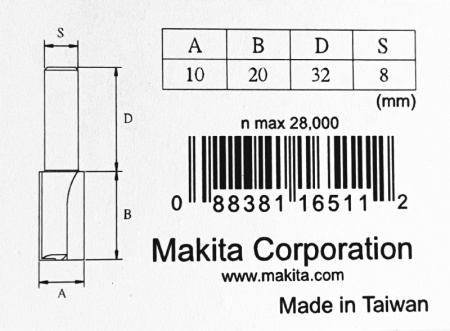 Фреза пазовая 10х20, S8, 2T Makita D-10073