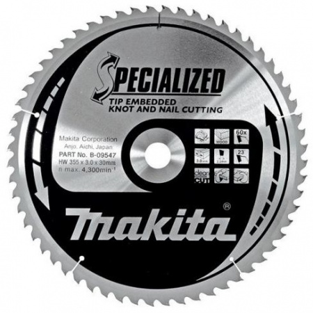 Диск пильный для дерева с гвоздями, HW, 355х3.0х30 мм, 60T, 18G, ATB, 5143R Makita B-09547